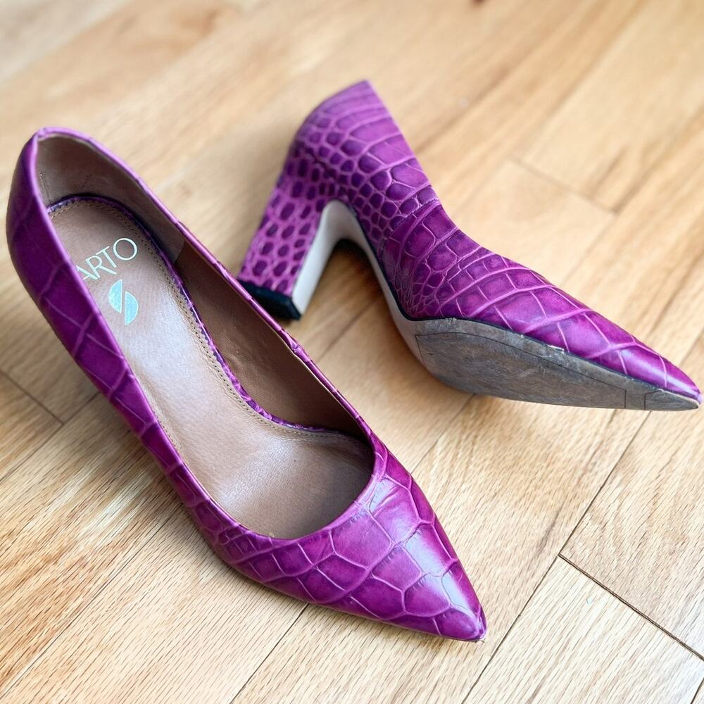 Franco Sarto Sasha Pink Fuchsia Block Heels 8.5 Croc 3.5" Heel Pointed Toe Heel